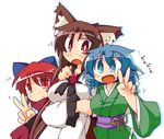  amura_(artist) animal_ears blue_eyes blue_hair blush brown_hair drill_hair fang grass_root_youkai_network hand_on_another's_shoulder head_fins imaizumi_kagerou japanese_clothes kimono multiple_girls open_mouth red_eyes red_hair sekibanki touhou twin_drills v wakasagihime wolf_ears 