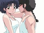  1boy 1girl animated animated_gif bare_shoulders black_hair blush brown_eyes camisole looking_at_viewer ponytail ranma_1/2 saotome_ranma simple_background sleeveless spoken_blush talking tendou_akane upper_body white_background 