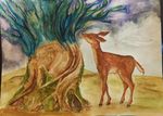  cervine deer feral hind lynxisferus mammal traditional_media_(artwork) tree watercolor_(artwork) 