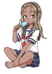  absurdres barefoot blonde_hair crossed_legs dark_skin dress eating eyebrows eyebrows_visible_through_hair food forehead full_body hairband hand_on_ankle highres indian_style light_brown_eyes light_brown_hair long_hair looking_at_viewer messy_hair neck original popsicle sailor_dress school_uniform serafuku simple_background sitting solo tan white_background yamamoto_souichirou 