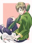  cat fang green_eyes highres light_brown_hair male_focus miki_(moryu) petting polka_dot polka_dot_background rippukan_souji sitting smile suit_jacket super_sentai zyuden_sentai_kyoryuger 