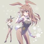  alternate_costume animal_ears arm_garter ass blush bow bowtie breasts brown_eyes brown_hair bunny_ears bunny_tail bunnysuit cleavage coco_adel collar commentary_request from_behind hand_on_hip high_heels iesupa leotard long_hair looking_back multiple_girls pantyhose rwby short_hair sideboob small_breasts sunglasses tail velvet_scarlatina wrist_cuffs 