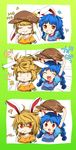  2girls 3koma ? animal_ears blonde_hair blue_dress blue_hair blush bunny_ears closed_eyes comic dango dress ear_clip ears_up eating eighth_note food grin harusame_(unmei_no_ikasumi) hat hat_removed hat_ribbon headwear_removed highres messy_hair mg_mg multi-tied_hair multiple_girls musical_note open_mouth puffy_short_sleeves puffy_sleeves red_eyes ribbon ringo_(touhou) seiran_(touhou) short_hair short_sleeves silent_comic smile sweatdrop teeth touhou twintails upper_body wagashi |_| 