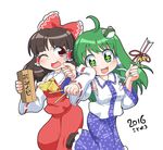  2girls :d ahoge ascot bell brown_hair cheek_pinching detached_sleeves fang frog_hair_ornament green_eyes green_hair hair_ornament hakurei_reimu highres holding jingle_bell kochiya_sanae long_hair long_skirt looking_at_viewer multiple_girls open_mouth pinching red_eyes simple_background skirt smile snake_hair_ornament standing standing_on_one_leg symbol-shaped_pupils tears touhou translated unachika wand white_background 