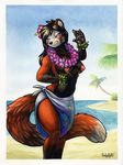  2016 anthro beach blue_eyes breasts clothed clothing female hawaiian kalahari lei mammal red_panda sand sea seaside smile solo topless water 