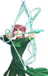  aiming arrow bow_(weapon) drawing_bow earrings gakuran galchee hierophant_green holding holding_arrow holding_bow_(weapon) holding_weapon jewelry jojo_no_kimyou_na_bouken kakyouin_noriaki male_focus pink_hair purple_eyes school_uniform solo stand_(jojo) weapon 