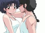  1boy 1girl animated animated_gif bare_shoulders black_hair blush brown_eyes camisole from_side hug looking_at_viewer mutual_hug ponytail ranma_1/2 saotome_ranma simple_background sleeveless smile spoken_blush talking tears tendou_akane upper_body white_background 