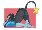  anixis backsack balls black_fur blue_fur blush butt fur looking_back luxray male nintendo pillow pok&eacute;mon presenting presenting_hindquarters raised_butt red_sclera simple_background video_games 