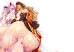  animal_ears ass bed_sheet between_breasts blonde_hair bottomless breast_grab breast_sucking breasts bukkake bunny_ears cum cum_bubble cum_on_body cum_on_lower_body cum_on_pussy facial foreshortening grabbing groping hair_over_eyes hat implied_bisexual japanese_clothes junko_(touhou) kimono large_breasts long_hair looking_at_viewer lying multiple_girls nipples on_back open_mouth ouma_tokiichi purple_hair pussy red_eyes reisen_udongein_inaba sash straddling touhou 