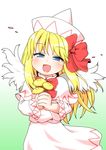  :d blonde_hair blush bow capelet dress flower hair_bow half-closed_eyes hat head_tilt highres large_bow lily_white long_hair looking_at_viewer open_mouth petals smile solo touhou unachika wings 