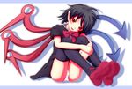  asymmetrical_wings black_hair head_tilt houjuu_nue mofupaka open_mouth panties pantyshot pantyshot_(sitting) pointy_ears red_eyes sitting solo touhou underwear white_panties wings 