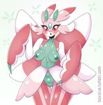  &lt;3 boxollie breasts female green_areola green_body green_nipples lurantis nintendo nipples pink_body pok&eacute;mon red_body red_eyes simple_background solo video_games white_background white_body 