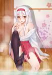  2016 absurdres artist_name bare_shoulders bath black_legwear blush breasts bucket cleavage dated door feet foreshortening hairband hakama highres japanese_clothes kantai_collection large_breasts leg_up long_hair looking_at_viewer nipple_slip nipples nontraditional_miko orange_eyes pomie_de_sunny shoukaku_(kantai_collection) signature sitting solo steam thighhighs tongue tongue_out white_hair wooden_floor 