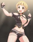  :d armlet bangs belt black_gloves black_shorts blonde_hair bracelet breasts brown_eyes center_opening clenched_hands covered_nipples cowboy_shot dan_(orange_train) earrings fingerless_gloves fukuda_noriko glint gloves grey_panties hand_up idolmaster idolmaster_million_live! jewelry large_breasts legs_apart lens_flare light_particles midriff navel necklace no_bra open_mouth outstretched_arm panties pendant short_hair short_shorts short_sleeves shorts shoulder_cutout smile solo stomach sweat torn_clothes torn_panties torn_shorts underwear 