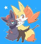  ambiguous_gender anthro blue_background braixen canine duo feral fluffy funi fur grey_fur half-closed_eyes hi_res holding_character mammal nintendo orange_eyes pok&eacute;mon red_fur simple_background smile star stick teal_eyes video_games yellow_fur zorua 