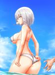  adjusting_clothes adjusting_swimsuit alternate_costume arm_at_side ass bare_arms bare_legs bikini blue_eyes breasts cloud cloudy_sky day e-kichi food from_behind hair_ornament hairclip halter_top halterneck hamakaze_(kantai_collection) hands highres jewelry kantai_collection large_breasts looking_away micro_bikini midriff mouth_hold out_of_frame partially_submerged popsicle ring sexual_harassment short_hair sideboob silver_hair sky solo_focus swimsuit thighs underboob wading water wedding_band wet white_bikini 