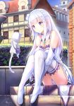  animal bag bare_shoulders blush boots braid breasts cat cleavage dress elf emilia_(re:zero) feihong flower hair_flower hair_ornament hair_ribbon leg_hug long_hair medium_breasts outdoors panties pointy_ears puck_(re:zero) purple_eyes re:zero_kara_hajimeru_isekai_seikatsu ribbon signature silver_hair sitting stairs thigh_boots thighhighs underwear white_footwear white_hair white_legwear white_panties 