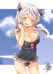 alternate_costume arm_at_side ass_visible_through_thighs bangs blue_swimsuit blush breasts camieux cloud cloudy_sky collarbone covered_navel cowboy_shot day draph embarrassed frills granblue_fantasy horns large_breasts long_hair looking_at_viewer low_twintails off_shoulder one-piece_swimsuit open_mouth silver_hair sky solo swept_bangs swimsuit thighs twintails wavy_mouth yellow_eyes yua_(checkmate) 