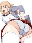  :d ass ass_focus blonde_hair blue_eyes blush breasts cameltoe girls_und_panzer hair_intakes huge_ass kay_(girls_und_panzer) large_breasts looking_at_viewer looking_down open_mouth panties saunders_school_uniform simple_background smile solo thick_thighs thighhighs thighs trefoil underwear upskirt white_background white_legwear white_panties yottan 