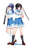  black_hair blue_eyes blue_hair blue_neckwear flute hibike!_euphonium highres instrument kasaki_nozomi long_hair mizuki_(mizuki_ame) multiple_girls neckerchief oboe ponytail red_eyes school_uniform serafuku short_hair yoroizuka_mizore 