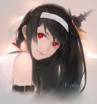 bare_shoulders black_hair bow character_name fusou_(kantai_collection) hair_bow kantai_collection lips long_hair looking_back patricia_(stylish_marunage) red_eyes smile sola7764 solo 