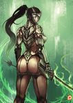  ass backbone black_hair commentary covered_face curvy cyborg fire from_behind genderswap genderswap_(mtf) genji_(overwatch) glowing glowing_sword glowing_weapon green_fire kachima katana long_hair mechanical_backbone ninja overwatch ponytail solo sword visor weapon 