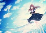  absurdres barefoot blue_eyes brown_hair camera dress hair_ribbon hairband highres long_hair open_mouth original reflection ribbon ripples salt_flats short_sleeves sky smile solo usada_(usd614) wading water 