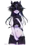  bangs bare_shoulders black_hair blindfold blush covered_eyes facing_viewer groin horns kantai_collection light_cruiser_hime lips long_hair mask mochitsu_jou navel no_gloves open_mouth pale_skin parted_bangs shinkaisei-kan shorts simple_background smile solo white_background 