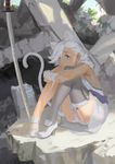  2015 animal_ears artist_name bandaged_arm bandages bangs bare_shoulders blue_eyes breasts cat_ears cat_tail copyright_request dated dress earrings eyelashes frown garter_straps grey_legwear high_heels highres jewelry knees_up leg_hug looking_afar medium_breasts on_ground outdoors painterly panties pantyshot pantyshot_(sitting) planted_sword planted_weapon ruins sad sash shade shoes short_dress sideboob single_thighhigh sitting sleeveless sleeveless_dress solo stud_earrings sunlight swept_bangs sword tail thighhighs tommy830219 underwear weapon white_dress white_footwear white_hair white_panties 