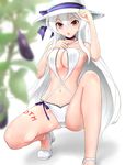  bad_id bad_pixiv_id breasts brown_eyes comugico eggplant hat long_hair navel open_mouth silver_hair solo squatting sun_hat swimsuit very_long_hair vocaloid voyakiloid white_background yowane_haku 