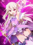  armpits blush boots commentary_request covered_nipples detached_sleeves dress earrings elbow_gloves fate/kaleid_liner_prisma_illya fate_(series) feathers gloves hair_feathers hair_ornament illyasviel_von_einzbern jewelry kaleidostick long_hair looking_at_viewer magical_girl open_mouth pink_dress pink_footwear prisma_illya_(zwei_form) red_eyes silver_hair solo soukai_(lemonmaiden) thigh_boots thighhighs wand 