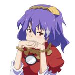  cato_(monocatienus) gendou_pose hair_ornament hands_clasped mirror own_hands_together purple_hair red_eyes rope shimenawa solo sparkle touhou upper_body white_background yasaka_kanako 