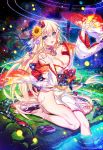  1girl age_of_ishtaria blonde_hair blue_eyes bra clothing_request company_name fireflies floral_print flower grass hair_flower hair_ornament highres japanese_clothes kimono lace lace_bra long_hair lu_hpink meru_(age_of_ishtaria) night night_sky obi off_shoulder official_art open_mouth sash sky slippers soaking_feet solo tower underwear water 