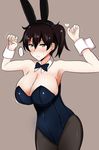  animal_ears armpits arms_up black_hair bouncing_breasts bow bowtie breasts brown_eyes bunny_ears bunnysuit cleavage detached_collar fake_animal_ears hairband kaga_(kantai_collection) kantai_collection large_breasts pantyhose poshi_(ginmokusei) short_hair side_ponytail solo wrist_cuffs 