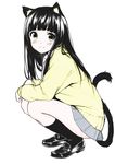  1girl animal_ears bangs black_hair black_legwear black_shoes blue_skirt blush caidychen cat_ears cat_tail colored female highres long_hair long_sleeves looking_at_viewer miniskirt original photoshop school_uniform shirt shoes simple_background sitting skirt smile solo squatting sweater tail white_background white_shirt yellow_eyes 