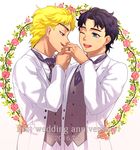  2boys arm_around_waist black_hair blonde_hair dated dio_brando flower green_eyes husband_and_husband jewelry jojo_no_kimyou_na_bouken jonathan_joestar male_focus multiple_boys one_eye_closed open_mouth red_eyes ring smile tuxedo waistcoat wedding_band yaeten1 yaoi 