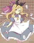  alice_(wonderland) alice_in_wonderland bad_id bad_pixiv_id blonde_hair blue_eyes bottle bow card cat checkered checkered_background cheshire_cat cup dress long_hair looking_at_viewer multicolored multicolored_tail okono playing_card ribbon_trim signature smile tail teacup 