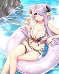  absurdres animal_print bare_arms bikini blue_eyes braid breasts butterfly_earrings butterfly_print cleavage closed_mouth collarbone crossed_legs draph eyelashes food frills from_above granblue_fantasy hair_ornament hair_over_one_eye highres holding holding_spoon horns innertube kusahagane large_breasts lavender_hair lens_flare long_hair looking_at_viewer narmaya_(granblue_fantasy) navel pointy_ears purple_hair side-tie_bikini sitting smile solo spoon stomach swimsuit thigh_strap water wet white_bikini 