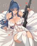  arm_support ban bare_shoulders blue_eyes blue_hair breasts cleavage covered_nipples detached_sleeves dress gloves grisaia_(series) grisaia_no_rakuen gun highres holding holding_gun holding_weapon kusakabe_asako large_breasts long_hair looking_at_viewer navel reclining rifle see-through sitting smile sniper_rifle solo thighhighs veil weapon wedding_dress white white_gloves white_legwear 