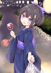 1girl black_hair blush bow female hair_bow hair_ornament hairclip japanese_clothes long_sleeves looking_at_viewer mirai_(macharge) obi open_mouth original purple_bow purple_eyes smile solo sweets traditional_clothes yukata 