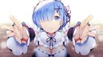  blue_eyes blue_hair breasts bright_background cleavage detached_sleeves dress ear frills hair_ornament hair_over_one_eye hair_ribbon highres large_breasts lips looking_at_viewer maid maid_headdress outstretched_arms outstretched_hand re:zero_kara_hajimeru_isekai_seikatsu rem_(re:zero) ribbon ring_(1079882045) short_hair solo tears x_hair_ornament 