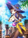  ass bad_id bad_pixiv_id black_hair black_legwear braid breasts cleavage day earrings gambe hat holding index_finger_raised jewelry large_breasts long_hair looking_at_viewer original outdoors pantyhose purple_eyes solo witch_hat 