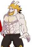  2016 abs asgore_dreemurr blonde_hair boss_monster caprine clothed clothing facial_hair goat hair horn long_ears long_horns looking_at_viewer male mammal rie_(artist) topless undertale video_games 