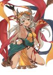  :d animal_ears arm_up between_breasts black_gloves blush breasts cat_ears erune flower gloves granblue_fantasy green_eyes hair_flower hair_ornament large_breasts long_hair looking_at_viewer nanananana nemone open_mouth sandals sideboob simple_background smile solo squatting tan weapon white_background 