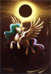  crown cutie_mark detailed_background eclipse equine feathered_wings feathers female feral flying friendship_is_magic fur glowing glowing_eyes hair hioshiru hooves horn magic mammal multicolored_hair my_little_pony princess_celestia_(mlp) solo white_feathers white_fur winged_unicorn wings 