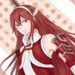  armor armpits bad_id bad_tumblr_id bare_shoulders commentary elbow_gloves fire_emblem fire_emblem_if gloves hair_between_eyes hairband head_wings highres long_hair looking_at_viewer matoi_(fire_emblem_if) nash-kun polearm red_eyes red_hair solo upper_body weapon white_gloves 