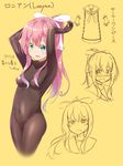  &gt;:( :d armpits arms_up blue_eyes blush bodystocking bodysuit breasts character_name character_sheet covered_navel dress frown groin gurande_(g-size) highres long_hair lonyan_(gurande) multiple_views open_mouth original pink_hair ponytail ribbon sailor_dress simple_background sketch small_breasts smile tears v-shaped_eyebrows yellow_background 