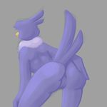  2016 anthro avian beak bird feathers female grey_background melissa_morgan nude paoguu purple_feathers raised_tail rear_view simple_background solo super_planet_dolan 