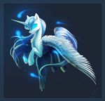  2014 blue_eyes blue_glow equine feathered_wings feathers female feral floating fur glowing hair hioshiru hooves horn jewelry mammal necklace ridged_horn sharp_horn simple_background solo white_feathers white_fur white_hair winged_unicorn wings 