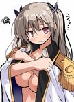  blush breasts brown_hair commentary_request epaulettes frown hair_ribbon jacket jacket_on_shoulders large_breasts long_hair naked_coat nipples pink_eyes qualidea_code ribbon solo squiggle tears tenkawa_maihime tsuzuri_(tuzuri) twintails upper_body x_arms 